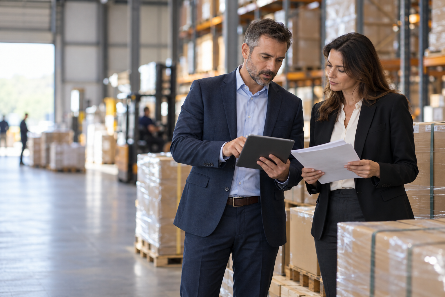 Professionals coordinating supply and logistics in a modern warehouse